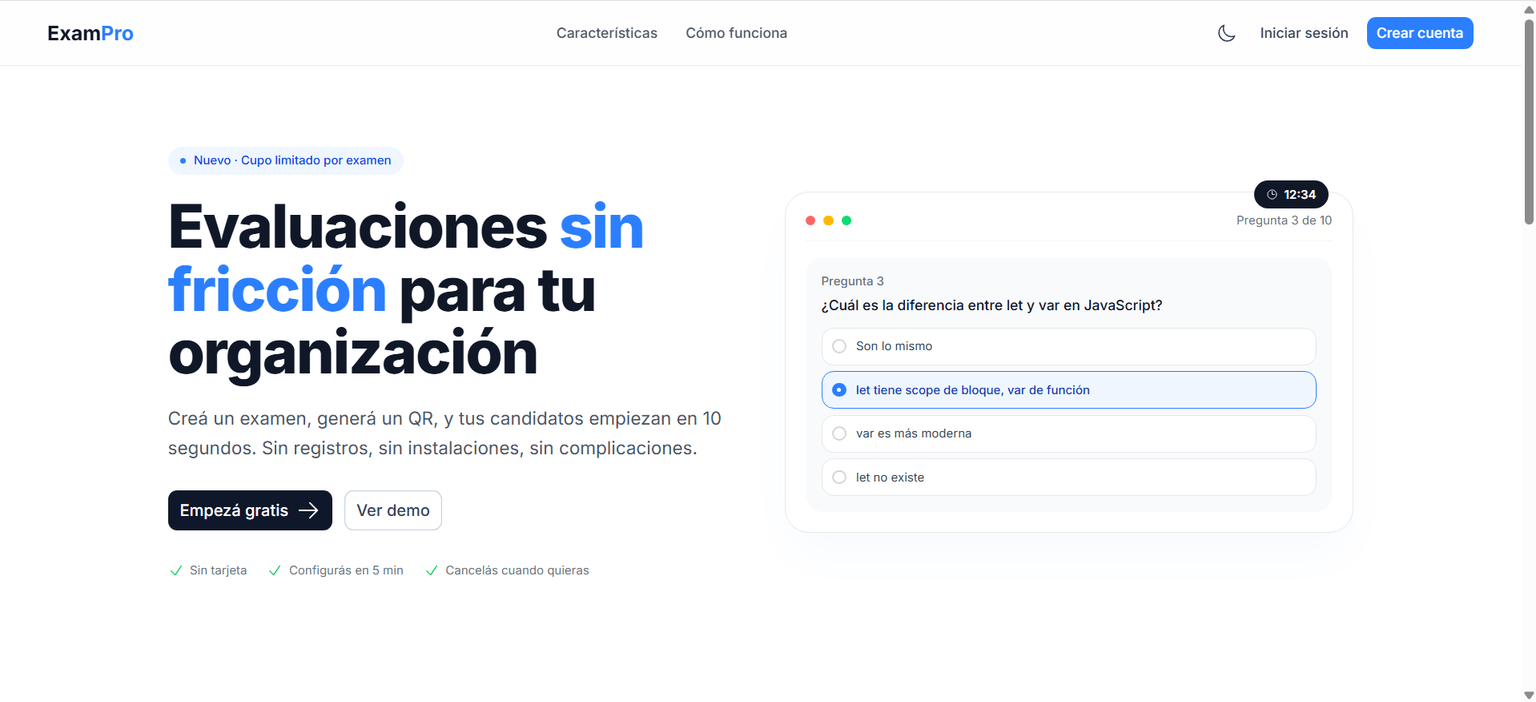 Captura de pantalla de ExamPro – Evaluaciones sin fricción